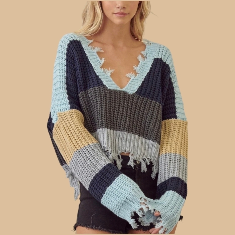 On The Road Distressed Blue Color Block Sweater w Fringe NWT Size M/L